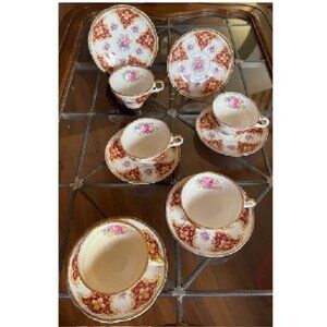 Vintage Adderley Teacups (5) and Saucers (6) Gold/Maroon 1950s